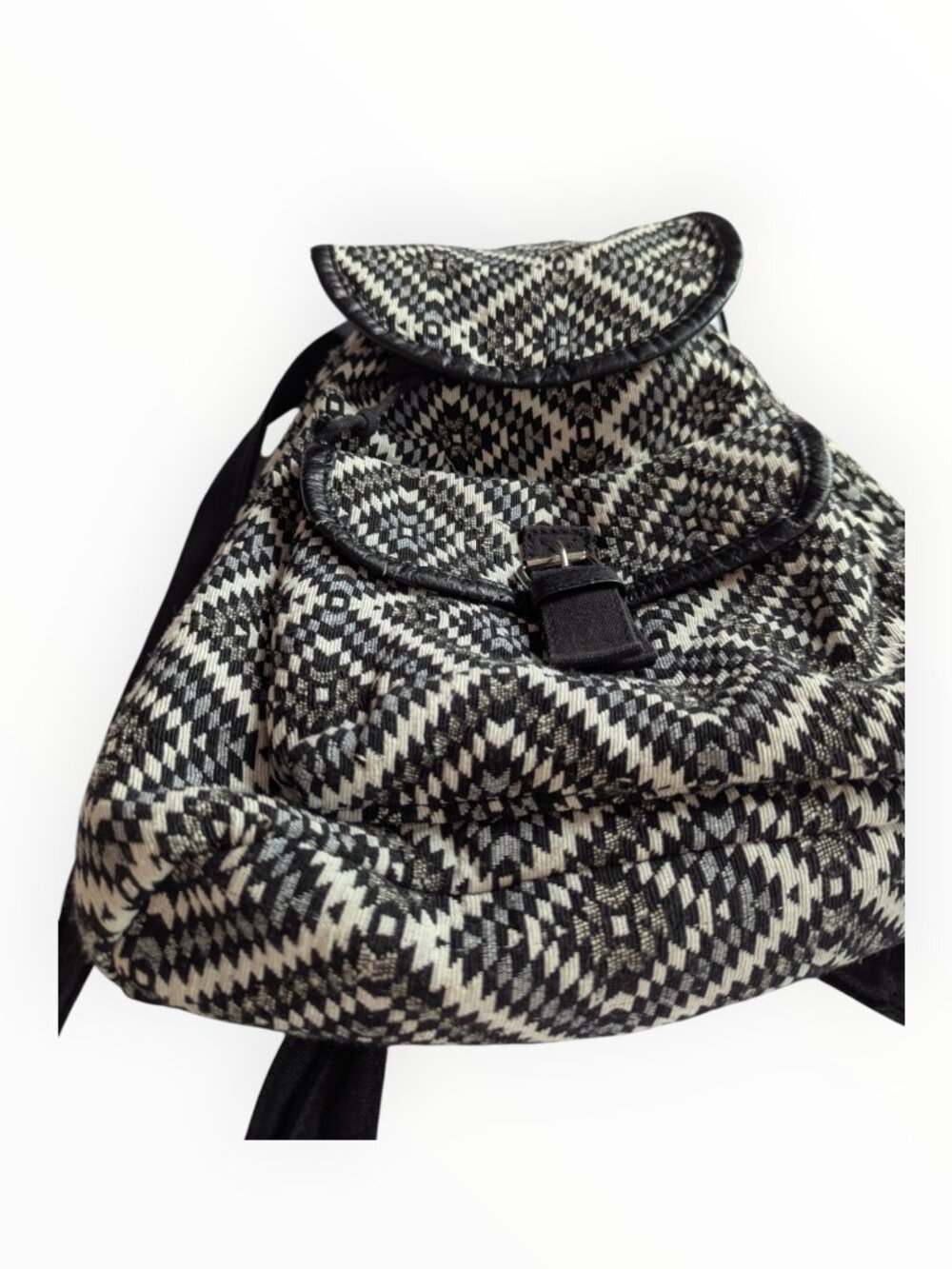Black Cream Woven Tapestry Geometric Backpack Purse Boho Retro